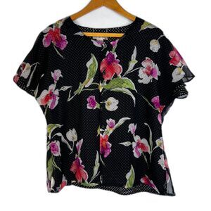 Notations Floral Polka Dot Reversible Flutter Sleeve Blouse Cottage Core Size XL